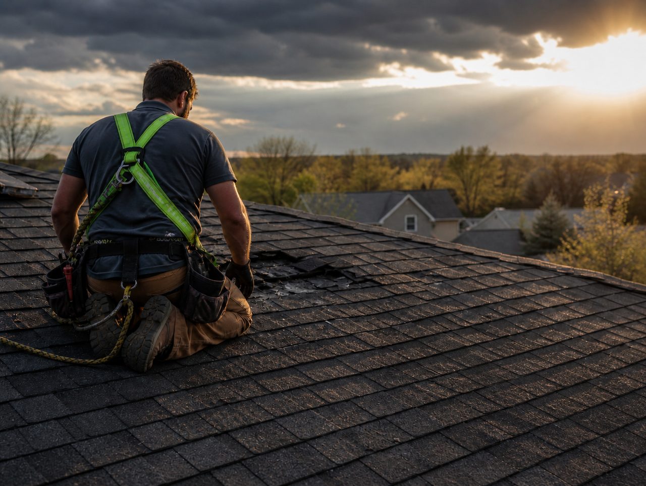Roofer in green safety harness on a residential roof at sunset